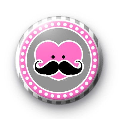 Moustache Heart Pink Button Badges
